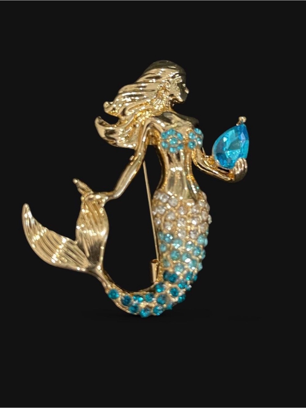 Gold-Tone Mermaid Brooch with Blue and Clear Stones